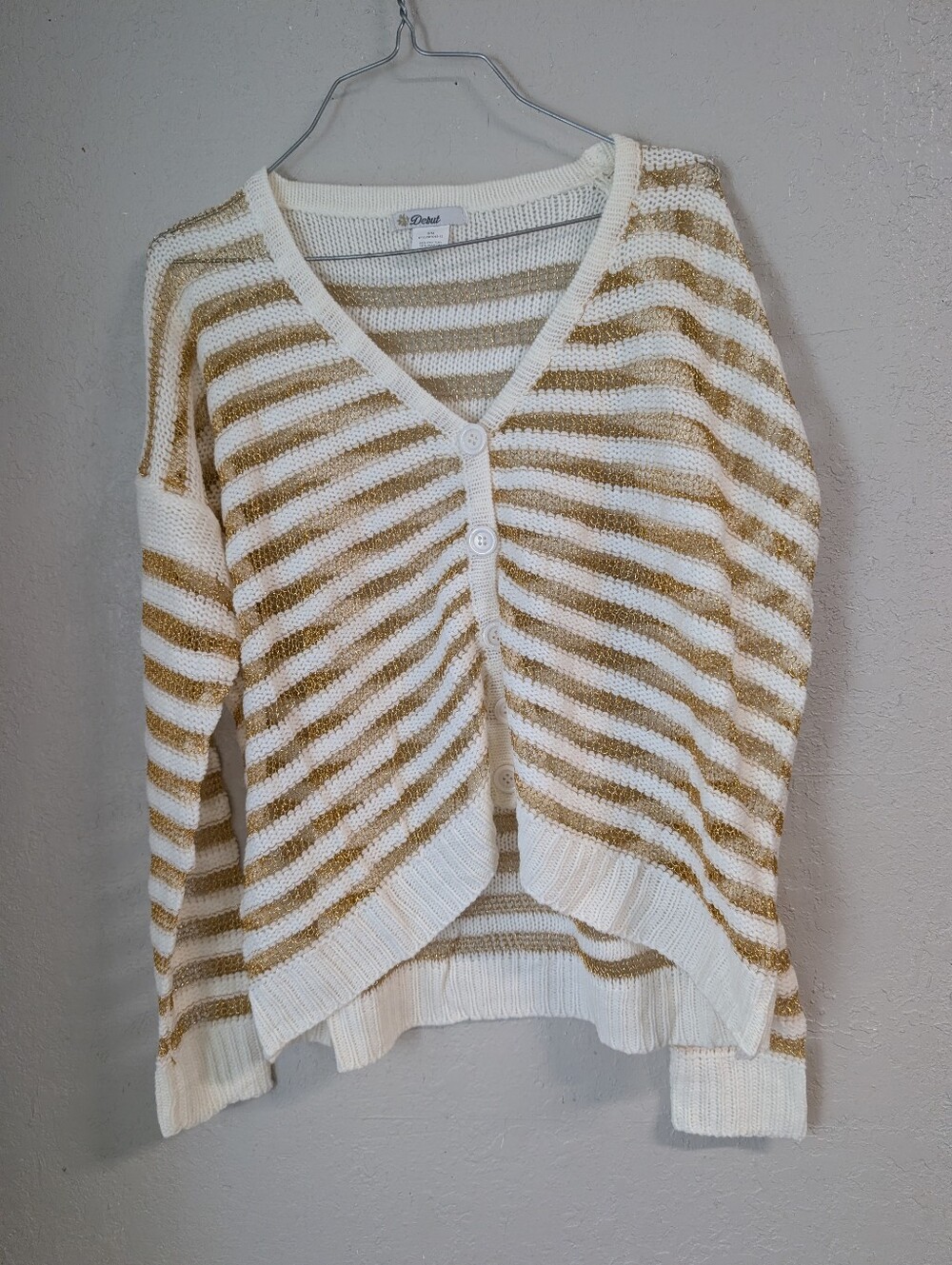 Open Stitch Button Up Cardigan M White Gold Elevated Basic Dainty Coquette Y2k